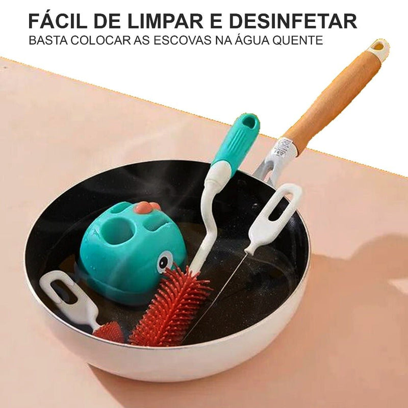 Kit Escova de Mamadeira de Silicone 3 em 1 com Suporte limpeza de copo bico chupeta Infantil - Danaly