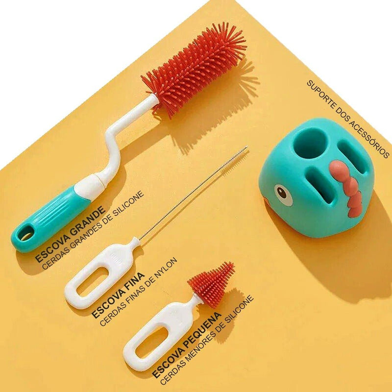 Kit Escova de Mamadeira de Silicone 3 em 1 com Suporte limpeza de copo bico chupeta Infantil - Danaly